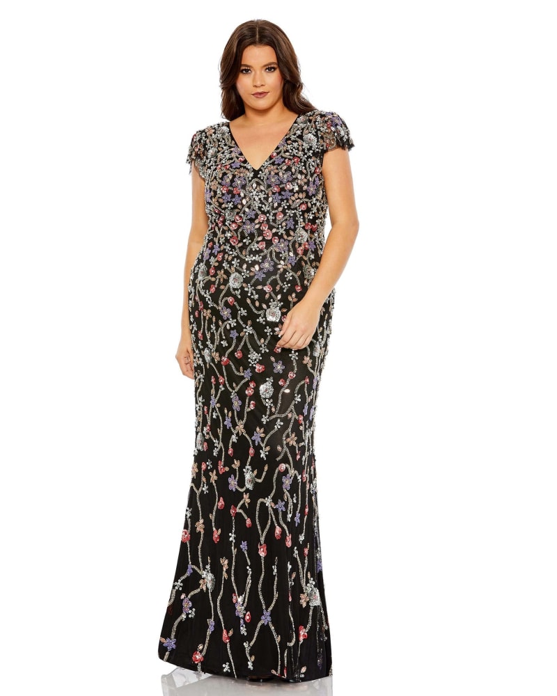 Front of a model wearing a size 14W Embellished Flutter Cap Sleeve V Neck Gown in Black Multi by Mac Duggal. | dia_product_style_image_id:289766